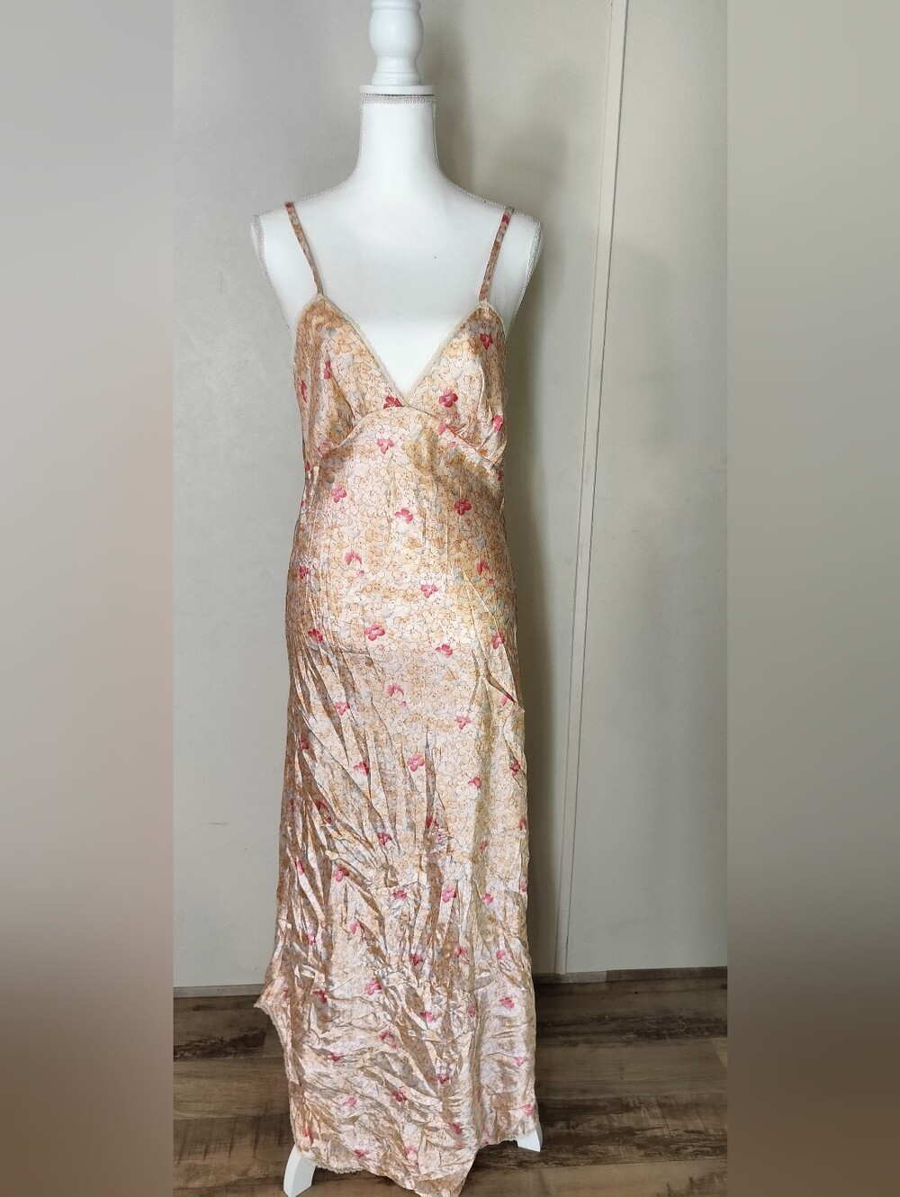Floral Satin Slip Dress in Pink & Gold